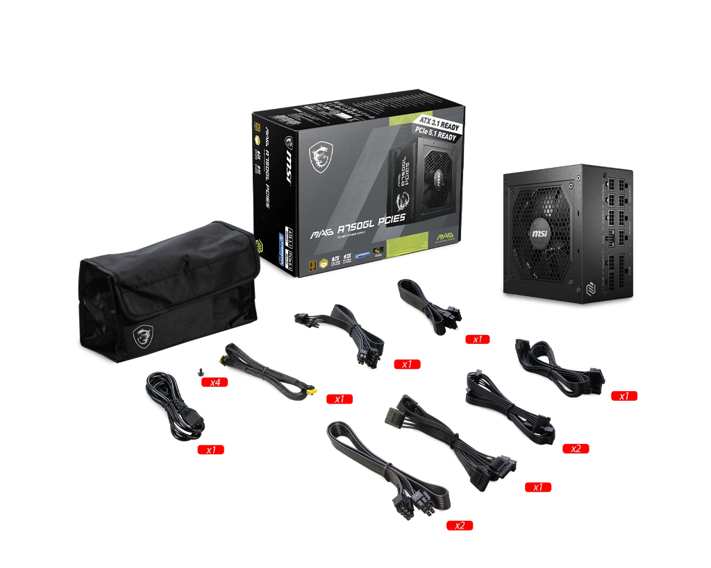 MSI MAG A750GL PCIE5 80 Plus GOLD (ATX Size | 750W | Full Modular | 12CM FAN | ATX 3.0 | PCIE Gen 5 Ready)